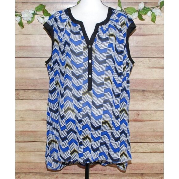 Daniel Rainn Blue Chevron Sleeveless Sheer Blouse Size 2X V-Neck Half Button Up - Picture 1 of 11